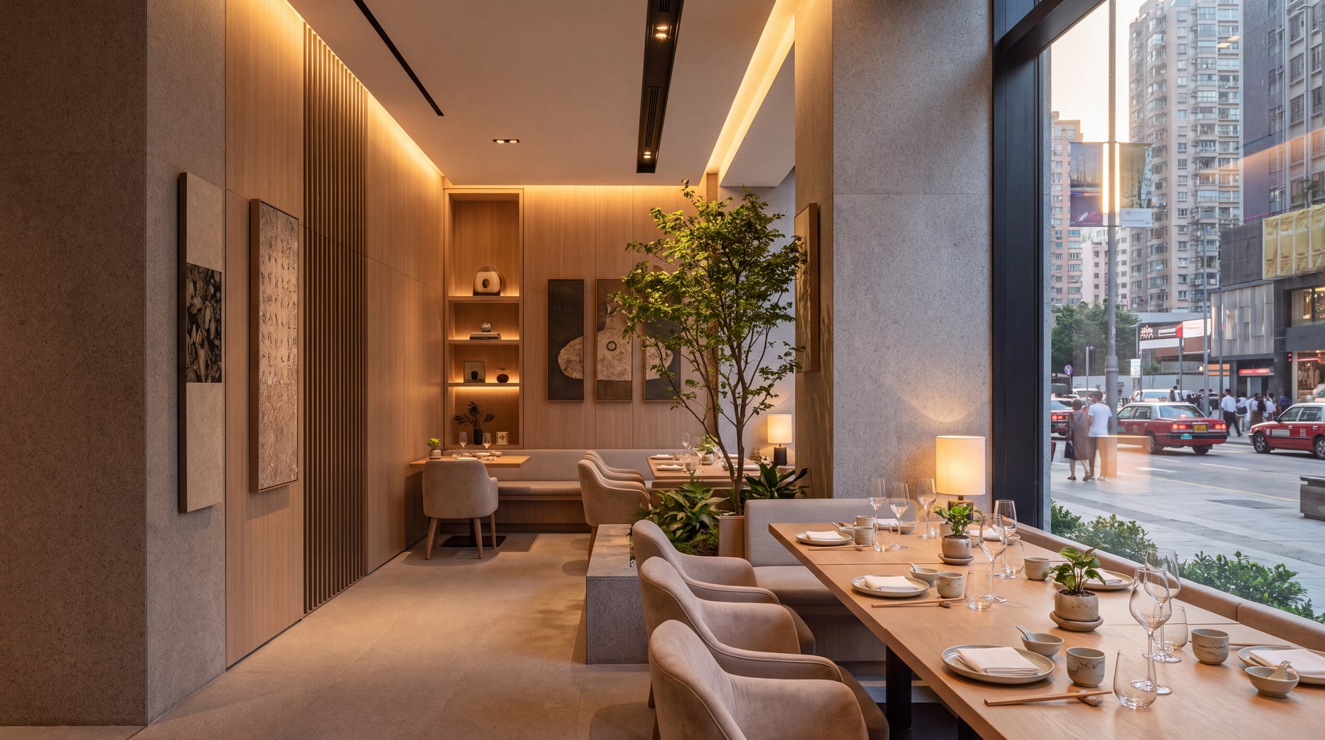 Soft Stone · G33 — Full-height glazing